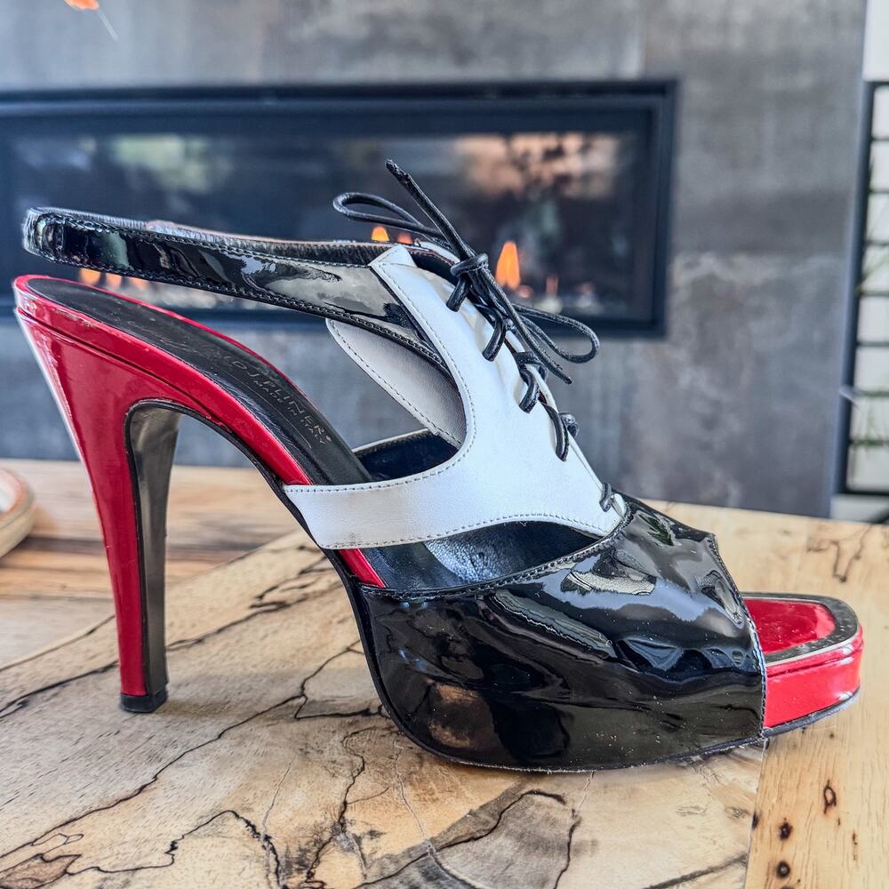 Donald J. Pliner Patent Leather Lace Up Tuxedo Open Toe Heels Made in Italy, 9.5 - Picture 7 of 10